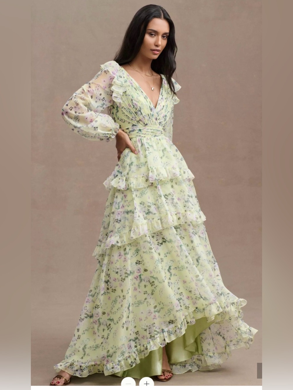 MAC DUGGAL KEY LIME FLORAL TIERED RUFFLE LONG SLEEVE CHIFFON GOWN MAXI DRESS 12